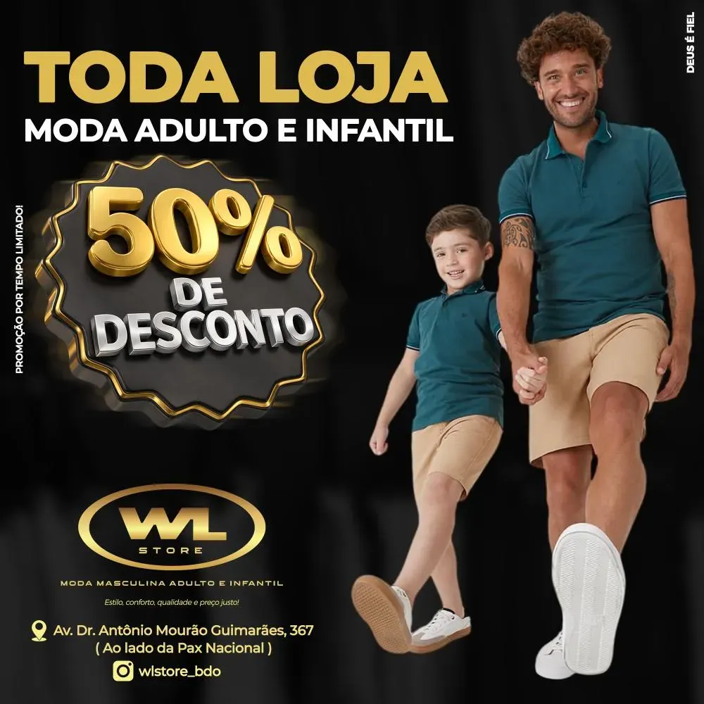 WL Store oferece 50% de desconto em moda masculina em Brumado